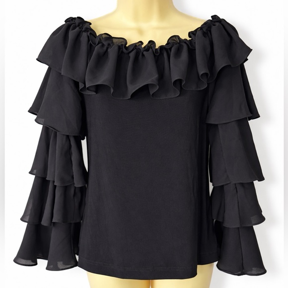 Joseph Ribkoff Off Shoulder Tiered Ruffle Blouse Style 191258 Black Size 12 - Picture 2 of 6